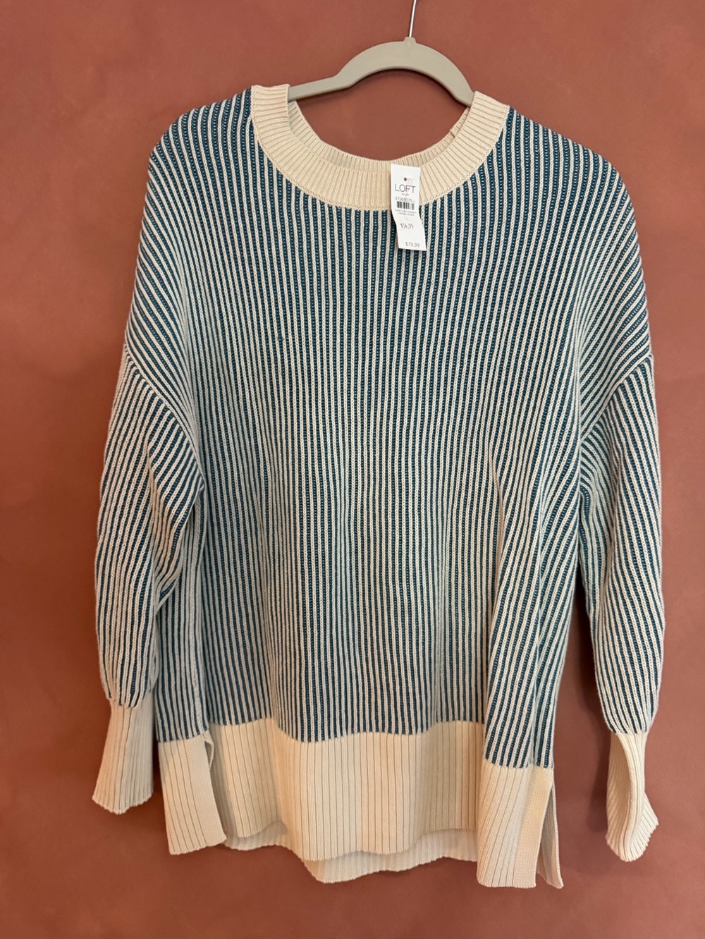 LOFT Cream and Teal Ribbed Sweater Large L NWT
